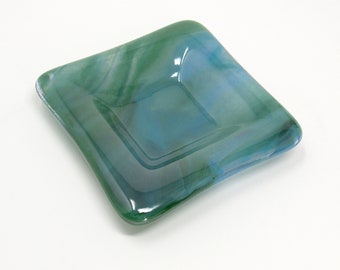 Small Square Green Fused Glass Dish with Blue and Purple Swirls - Ring Dish, Jewelry Dish, Dipping Dish, Tea Light Holder