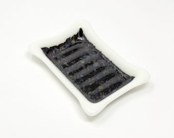 Fused Glass Soap Dish, Ivory and Iridescent Black: Rectangular Bar Soap Holder