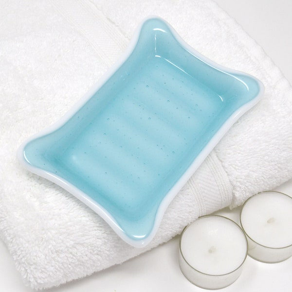 Fused Glass Soap Dish in Light Aqua Blue with White Border - Rectangular Bar Soap Holder, Spoon Rest, Key Dish