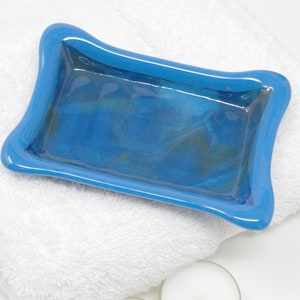 Blue and Green Swirled Fused Glass Soap Dish: Rectangular Bar Soap Holder