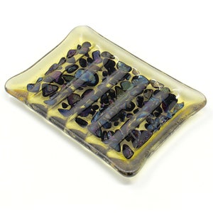 Amber Fused Glass Soap Dish with Colorful Iridescent Pieces: Rectangular Bar Soap Holder