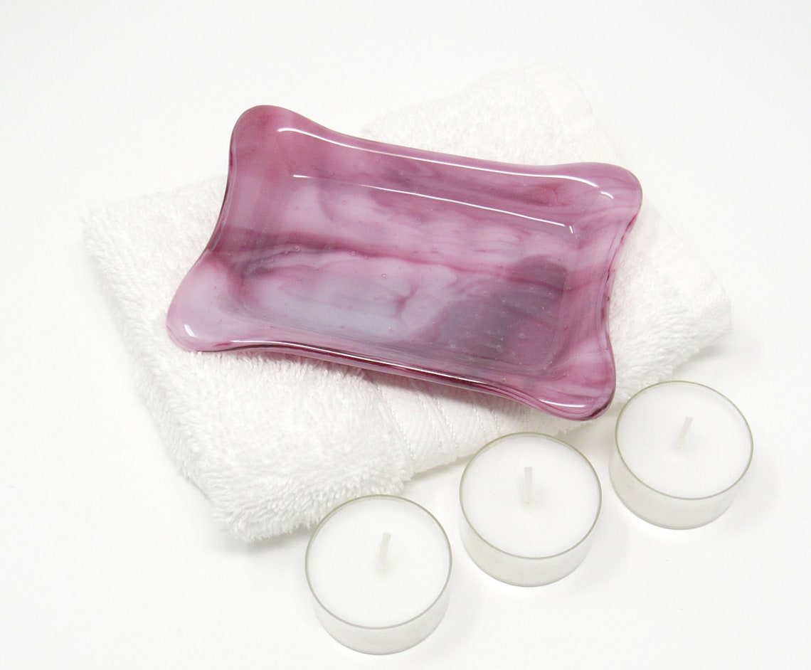 Pink Fused Glass Soap Dish With White Swirls Handmade Glass Etsy