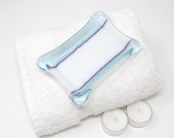 Light Aqua and White Fused Glass Soap Dish, Pink Accents: Rectangular Bar Soap Holder