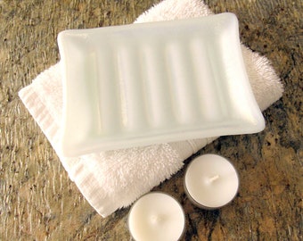 White Fused Glass Soap Dish with Iridescent Golden Surface - Rectangular Bar Soap Holder, Spoon Rest, Sponge Holder