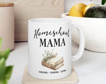 Home School Mama Mug | Stack of Books Floral Illustration, Teacher Mom Coffee Cup
