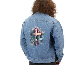 Still Being Restored Denim Jacket | Cross Faith Christian Back Design