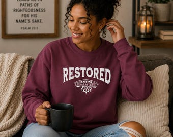 Restored Embroidered Christian Sweatshirt | Psalm 23:3 Crewneck | Faith Sweatshirt | Unisex Christian Gift | Church Apparel