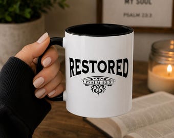 Restored Christian Coffee Mug | Psalm 23:3 Accent Mug | Faith Gift for Men & Women | Bible Study Mug | Christian Cup