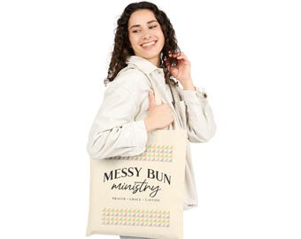 Messy Bun Ministry tote bag | Canvas Tote, Pastel Triangle Accents