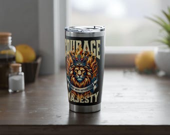Courage Lion Christian Tumbler | Lion of Judah | Men's Mug | Faith-Based Tumbler | Biblical Courage Gift for Him | 20oz Stainless Travel Mug