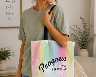 Progress Over Perfection Tote Bag | Inspirational Canvas Tote | Self Care Gift | Book Lover Bag | Teacher Tote | Market Bag
