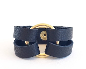 Black Leather Wrap Bracelet for Her, Wrap Around Cuff, Black Leather Bracelet, Leather Strap Bracelet with Circle, Black Wrap Bracelet