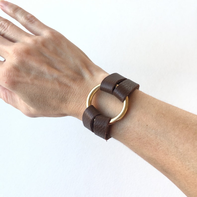 Wide Leather Cuff Bracelet, Brown Leather Wrap Bracelet, Womens Leather Bracelet, Circle Bracelet, Leather and Metal Bracelet for Women image 4