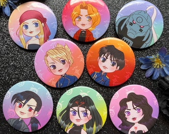 May include: Set of eight round button pins featuring anime characters from the Fullmetal Alchemist series. The pins are colorful and feature various characters, including Edward Elric, Alphonse Elric, Roy Mustang, Riza Hawkeye, and others.