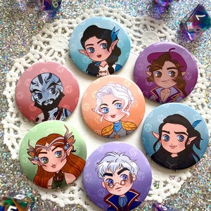 May include: Seven colorful round buttons with images of cartoon characters. Each button has a different background color and features a different character with a unique design. The buttons are arranged in a circle on a white background.