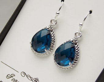 Navy Blue Earrings, Navy Bridesmaid Earrings, Wedding Jewelry, Dark Blue Navy Wedding, Silver, Bridesmaid Jewelry, Bridesmaid Gifts, Glass