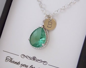 Green Necklace, Sterling Silver, Seafoam, Chysolite, Aqua, Initial Necklace, Personalized Bridesmaid Necklace, Bridesmaid Jewelry, Wedding