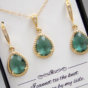 Teal Earrings and Necklace Set, Teal Bridesmaid Jewelry Set, Green Earrings, Green Necklace, Aqua, Gold Filled, Zirconia, Bridesmaid Gifts