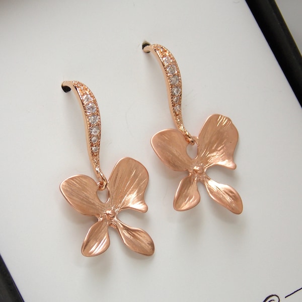 Rose Gold Earrings, Flower Earrings, Rose Gold Bridesmaid Earrings, Orchid, Cubic Zirconia, Briesmaid Jewelry, Bridesmaid Gifts, Friend Gift