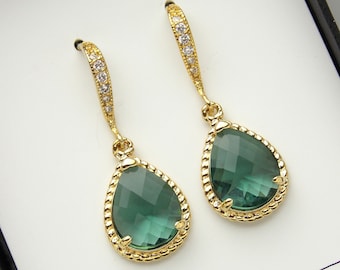 Teal Bridesmaid Earrings, Teal Earrings, Gold Aqua Green Earrings, Wedding Jewelry, Cubic Zirconia Wedding Earrings, Bridesmaid Jewelry Gift