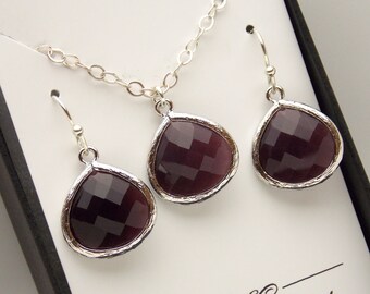 Zilveren oorbellen van Bourgondië, Maroon, oorbel en ketting set, bruiloft sieraden set, sterling zilver, bruidsmeisje sieraden set, bruidsmeisje geschenken