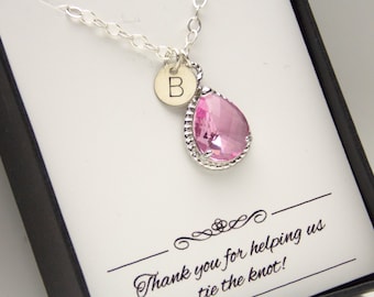 Pink Necklace, Sterling Silver Pink Initial Necklace, Personalized Bridesmaid Necklace, Rose, Pink Bridesmaid Jewelry Wedding Jewelry, Gifts