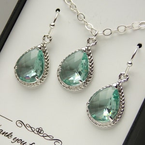 Conjunto de brinco e colar Aqua, conjunto de joias verde Aqua, joias de casamento, inicial, prata, espuma do mar, conjunto de joias de dama de honra, presente de dama de honra