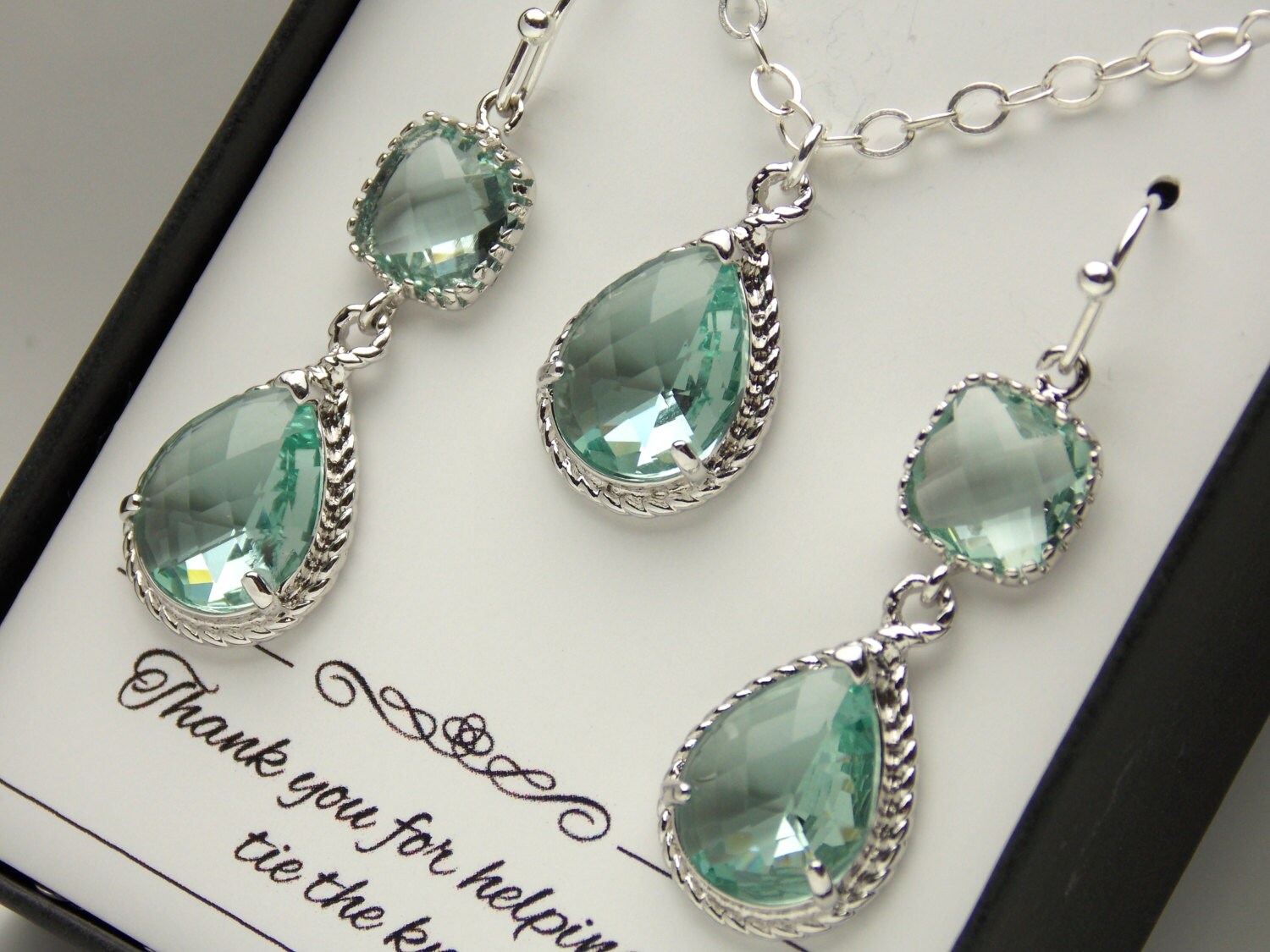 thumbnail image 2 of 2pc Green Citrine & Topaz Jewelry Set - Silver Plated Pendant And Earrings - Wedding Party 2 of 3
