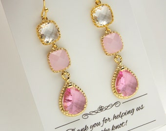 Pink Earrings, Bridesmaid pink earrings, pink jewelry, mauve, ice pink, soft pink, rose, wedding jewelry, gold earrings, bridesmaid gifts