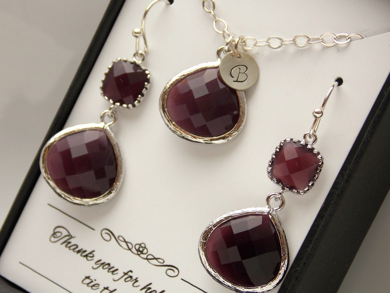 Burgundy Earring and Necklace Set, Silver Burgundy Necklace, Initial Jewelry Set, Maroon