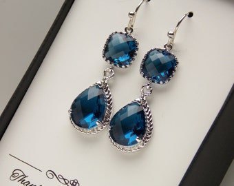 Navy Blue Earrings, Navy Bridesmaid Earrings, Dark Blue, Blue Wedding Jewelry, Silver, Dangle, Glass, Bridesmaid Jewelry, Bridesmaid Gifts