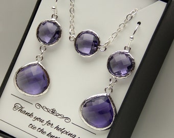 Purple Earring and Necklace Set, Wedding Jewelry, Sterling Silver Purple Necklace, Amethyst, Bridesmaid Jewelry Set, Bridesmaid Gift Set