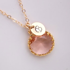 Gold Peach Necklace, Initial Peach Bridesmaid Necklace, Champagne Necklace, Blush, Gold Filled, Bridesmaid Jewelry, Mom Gift, Personalized