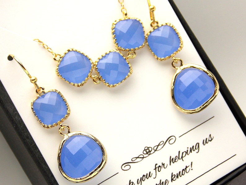 Sky Blue Bridesmaid Gift Set Gold Filled Soft Blue Jewelry Set Blue Earring and Necklace Set Bridal Set Perikinkle Gold Blue Necklace