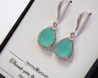 Blue Mint Earrings, Bridesmaid Earrings, Mint Wedding Jewelry, Seafoam, Dangle, Cubic Zirconia, Silver, Aqua, Green Mint, Bridesmaid Jewelry