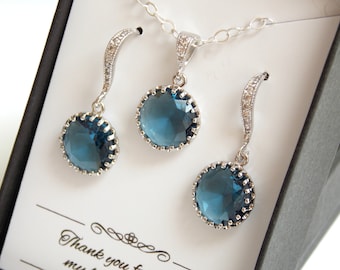 Marineblauw oorbellen en ketting ingesteld, Cubic Zirconia, bruiloft sieraden Set, Sterling Zilver, Dangle bruidsmeisje sieraden Set, bruidsmeisje cadeauset