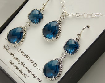 Marineblauw oorbellen en ketting Set, marineblauw ketting en Earring ingesteld, bruiloft sieraden, Sterling Zilver, bruidsmeisje sieraden Set, Gift