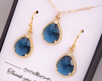 Navy Blue Earring and Necklace Set, Wedding Jewelry, Jewelry Sets, Gold Filled, Bridesmaid Jewelry Set, Bridesmaid Necklace and Earring Set