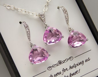 Lavender Earrings and Necklace Set, Lavender Bridesmaid Jewelry Set, Lilac Wedding Jewelry, Bridesmaid Gifts, Cubic Zirconia Sterling Silver