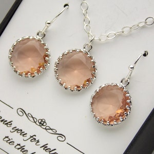 Peach Earrings and Necklace Set, Blush, Champagne, Silver, Peach Jewelry Set, Bridesmaid Necklace and Earring Set, Bridesmaid Jewelry Set