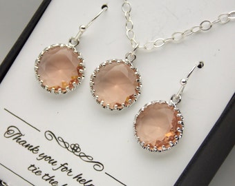 Peach Earrings and Necklace Set, Blush, Champagne, Silver, Peach Jewelry Set, Bridesmaid Necklace and Earring Set, Bridesmaid Jewelry Set