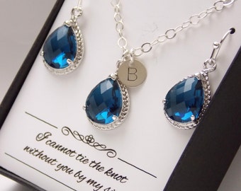 Navy Blue Earrings Necklace Set, Wedding Jewelry Set, Personalized, Initial Wedding, Sterling Silver, Bridesmaid Jewelry, Bridesmaid Gifts
