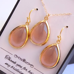 Gold Peach Necklace, Peach Earrings, Champagne, Blush, Bridesmaid Necklace, Bridesmaid Jewelry, Weddings, Gold Filled, Bridesmaid Earrings