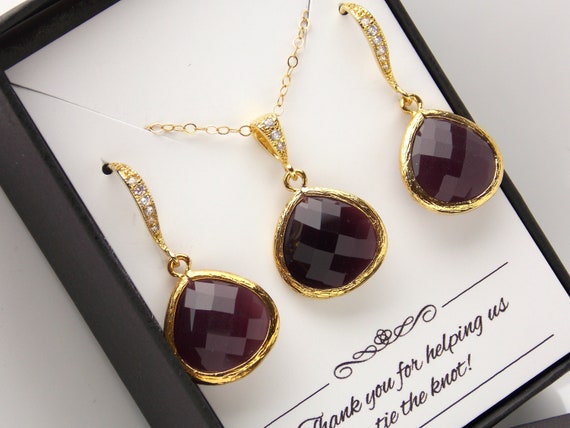 Burgundy Earrings and Necklace Set Bridesmaid Jewelry Set Gold