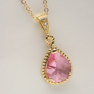 Gold Pink Necklace, Pink Bridesmaid Necklace Pendant, Cubic Zirconia, Pink Bridesmaid Jewelry, Rose Soft Pink, Gold Filled, Bridesmaid Gifts
