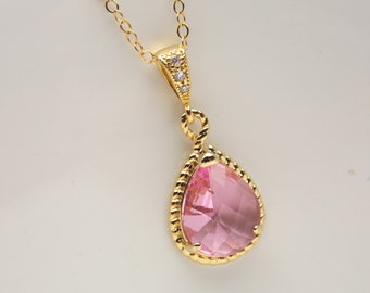 Gouden roze ketting roze bruidsmeisje ketting hanger, Cubic Zirconia, roze bruidsmeisje sieraden, Rose zacht roze, goud gevuld, bruidsmeisje geschenken