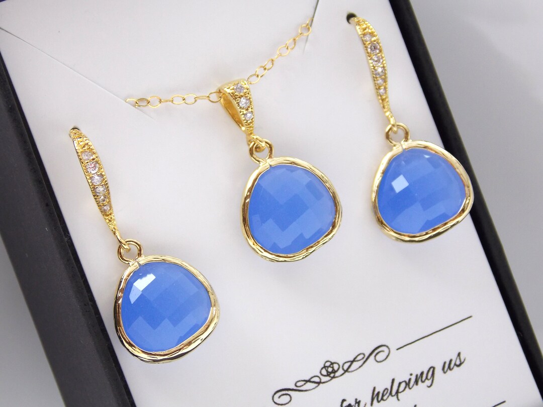 Blue Earring and Necklace Set Periwinkle Gold Filled Cubic Etsy