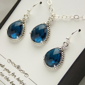 Conjunto de brincos e colar azul marinho, conjunto de colar e brinco azul marinho, conjunto de joias de casamento, prata esterlina, conjunto de joias de dama de honra, presente