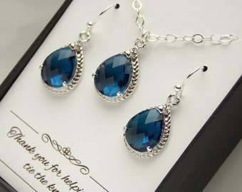 Marineblauwe oorbellen en ketting set, marine blauwe ketting en oorbellen set, bruiloft sieraden set, sterling zilver, bruidsmeisje sieraden set, cadeau