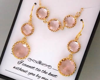 Peach Earring and Necklace Set, Champagne, Blush, Wedding Jewelry Set, Bridal Set, Gold Filled, Bridesmaid Jewelry Set, Bridesmaid Gift Set